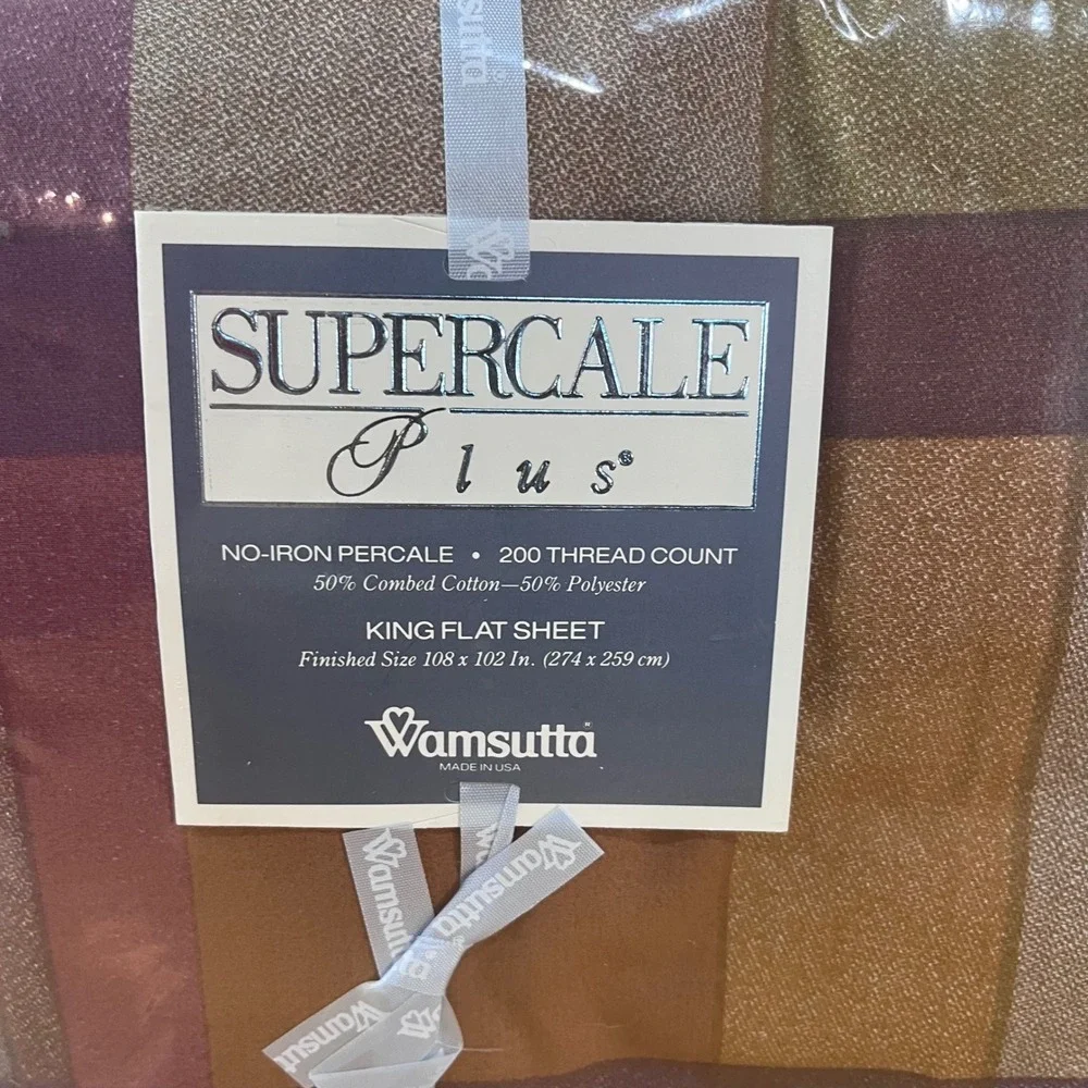 Vtg Wamsutta Supercale Plus King Flat Sheet Tyler Plaid Spice 200TC Made in USA